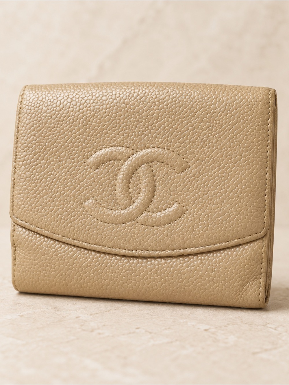 Chanel Tan Caviar Leather CC Compact Flap Wallet